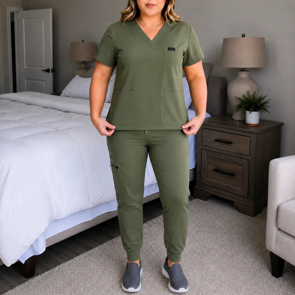 Corelle – V-Neck Jogger Scrub Set with Drawstring Waist and Pockets