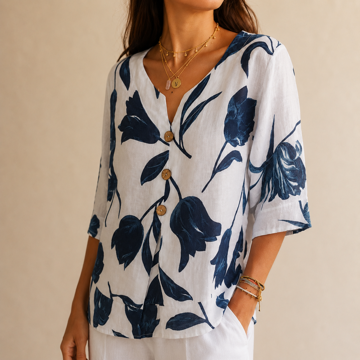 Florelle – Floral Linen V-Neck Popover Blouse with 3/4 Sleeves