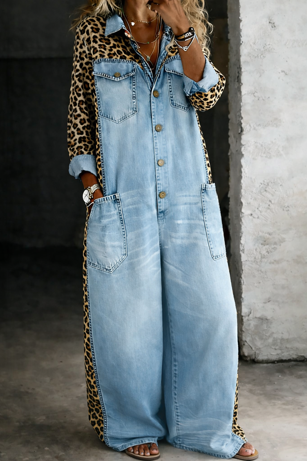 Amanda - Leopard Contrast Wide-Leg Denim Jumpsuit