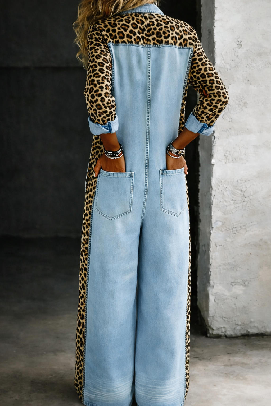 Amanda - Leopard Contrast Wide-Leg Denim Jumpsuit