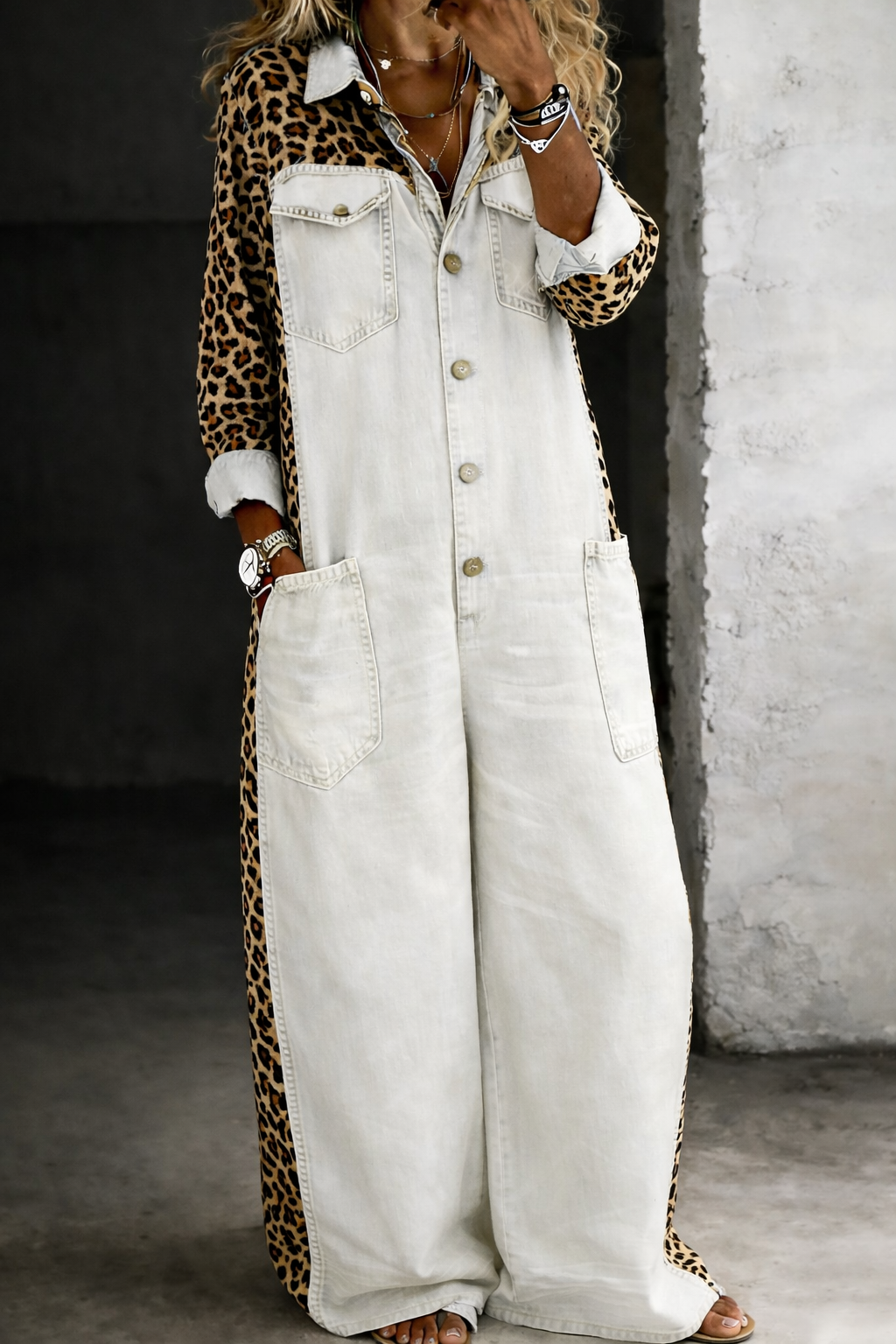 Leontine - Leopard Contrast Wide-Leg Denim Jumpsuit