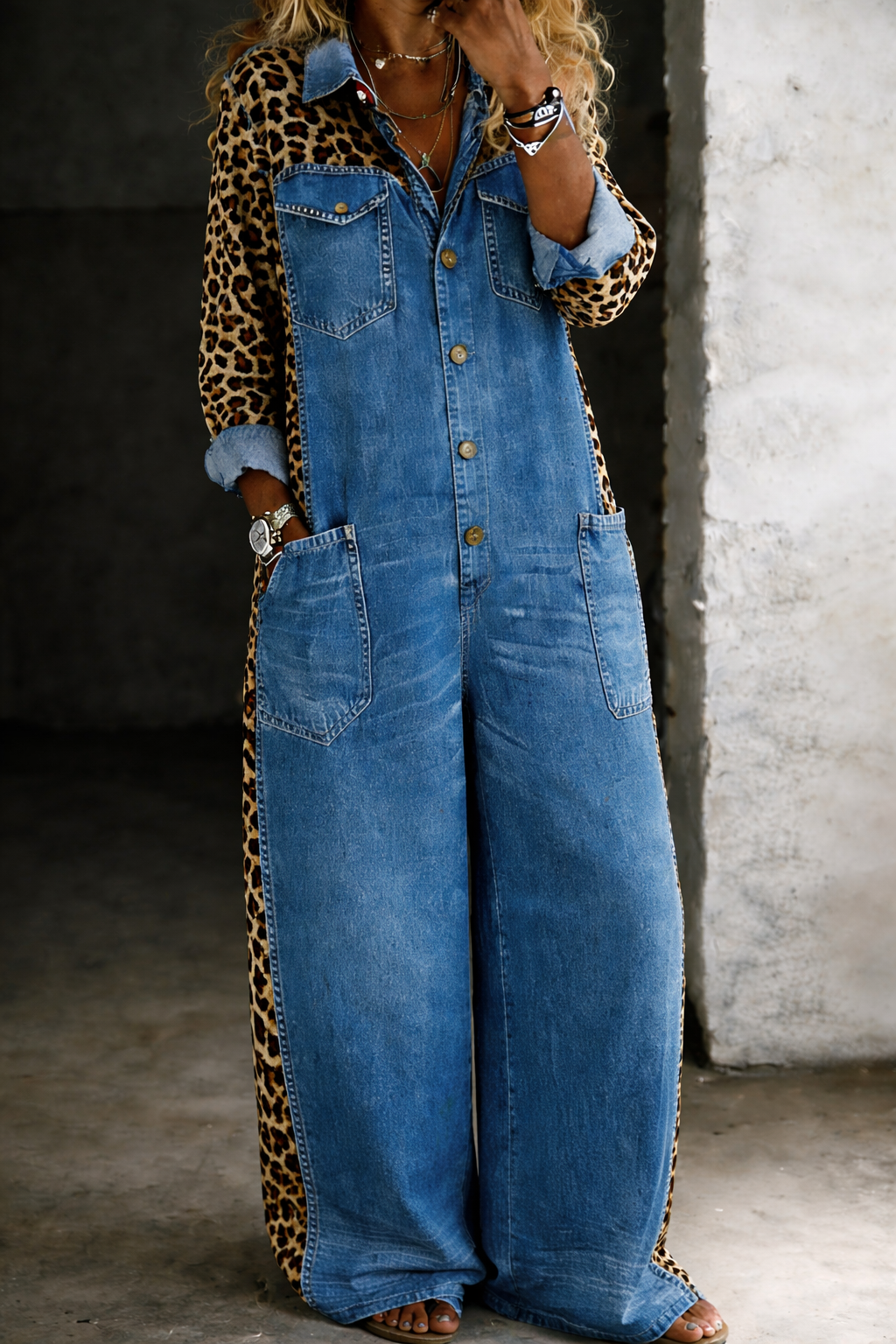 Leontine - Leopard Contrast Wide-Leg Denim Jumpsuit