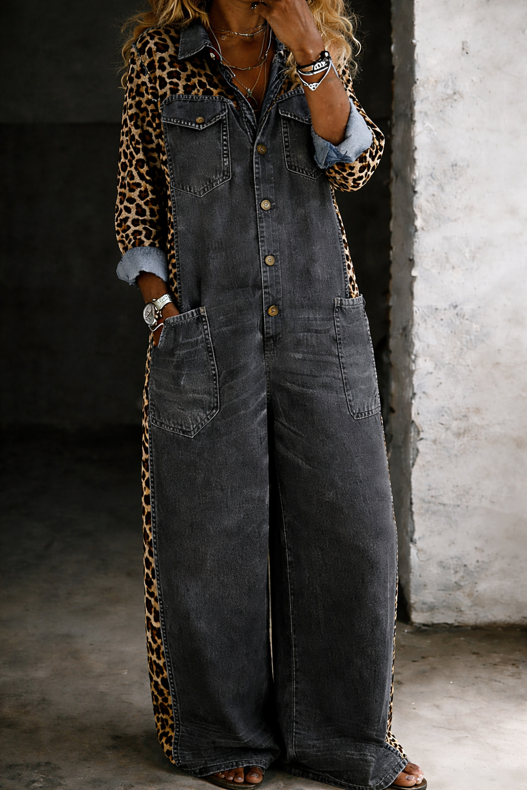 Leontine - Leopard Contrast Wide-Leg Denim Jumpsuit