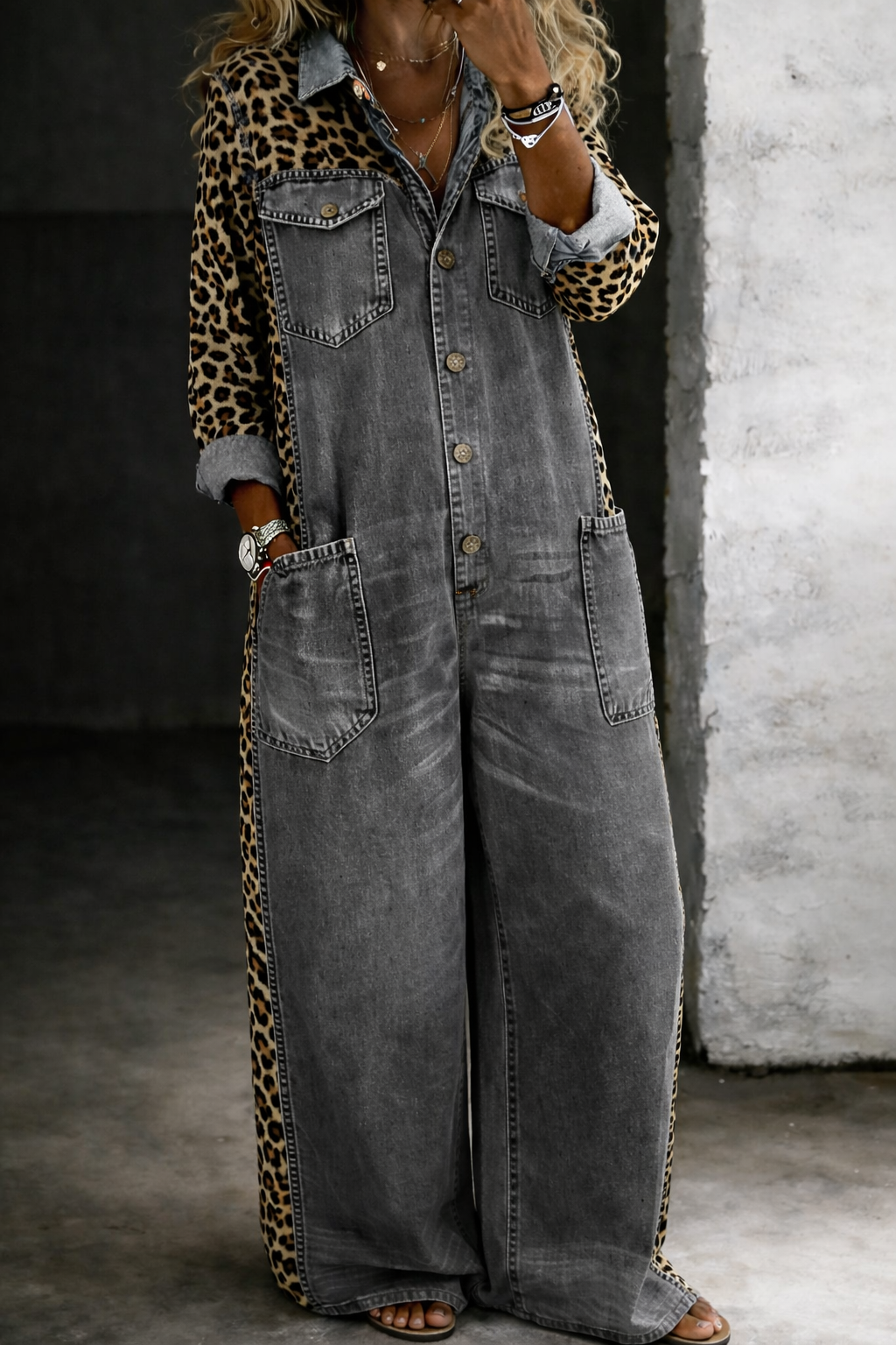 Amanda - Leopard Contrast Wide-Leg Denim Jumpsuit