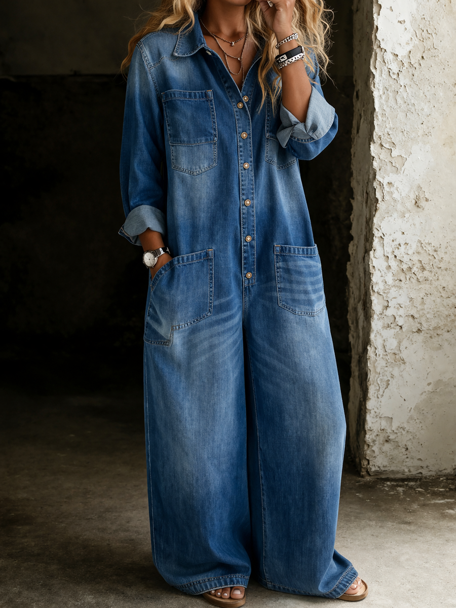 Monroe - Relaxed Wide-Leg Utility Denim Jumpsuit