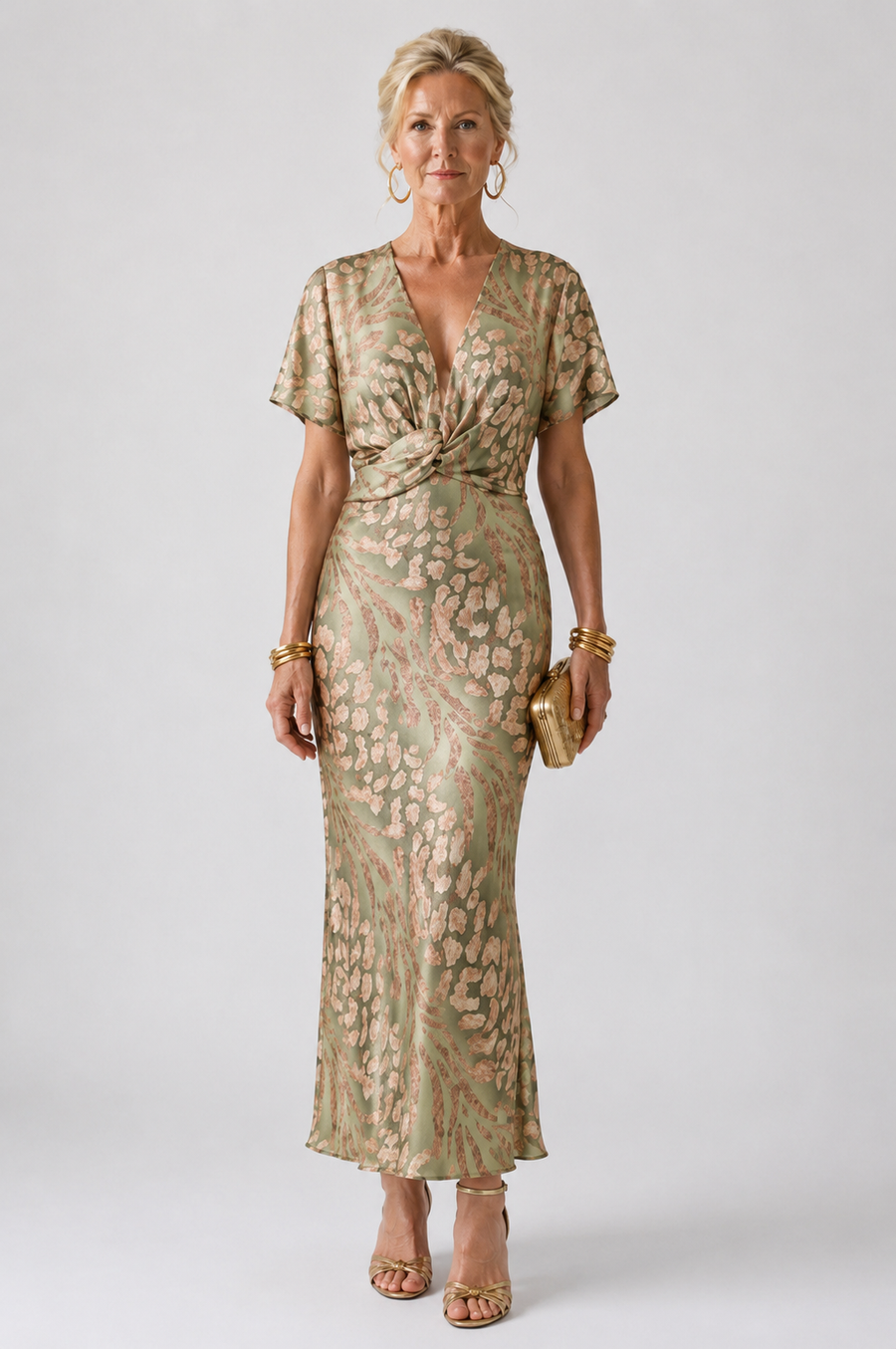 Abstract Print Midi Dress with V-Neck and Twisted Waist