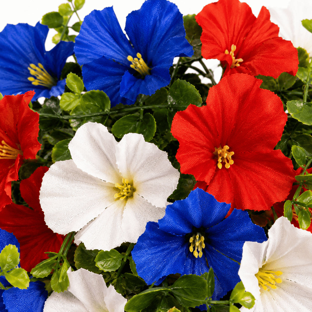 Liberty Bloom – Patriotic Hanging Flower Basket with LED Lights, Red White Blue Silk Blooms for July 4th Porch Decor