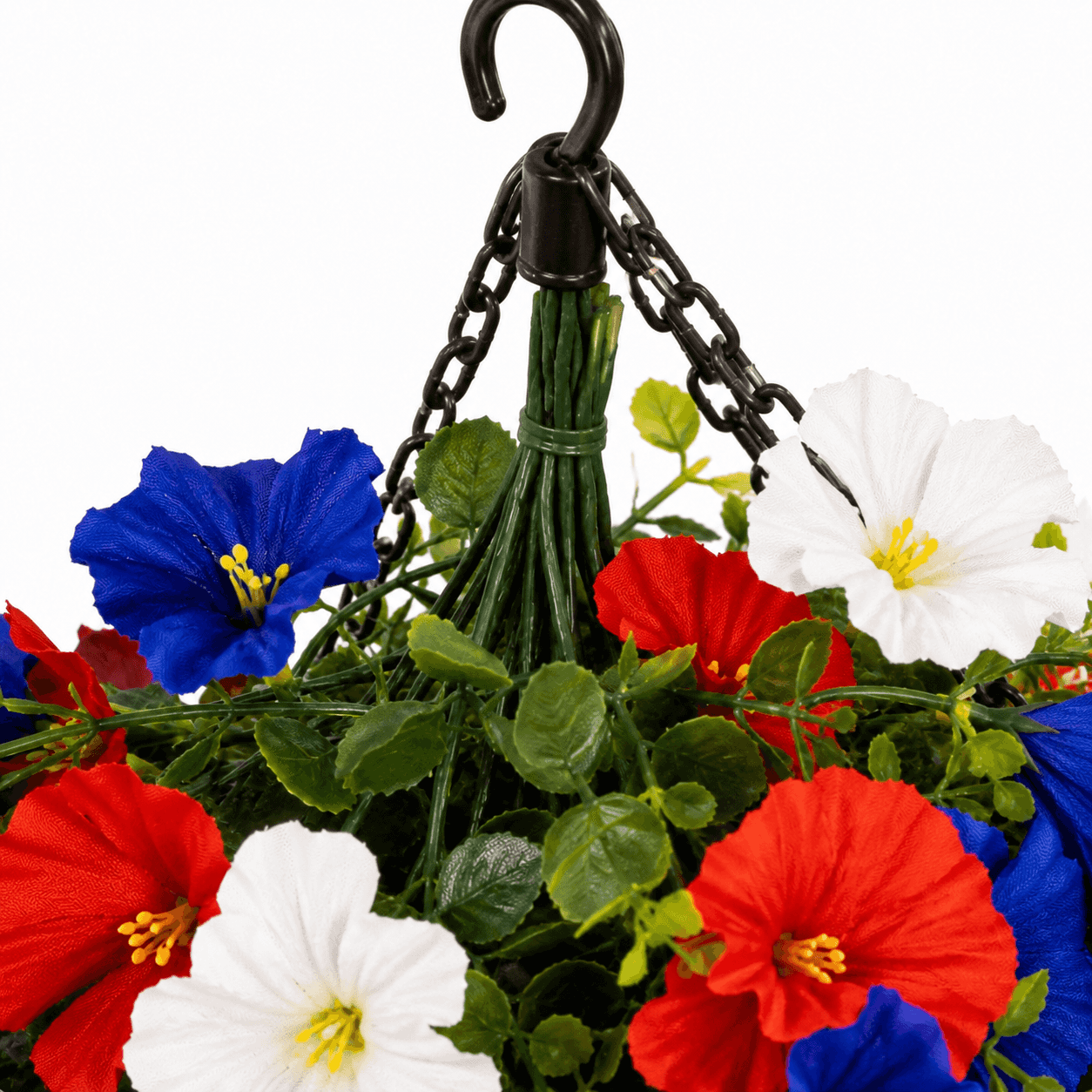 Liberty Bloom – Patriotic Hanging Flower Basket with LED Lights, Red White Blue Silk Blooms for July 4th Porch Decor