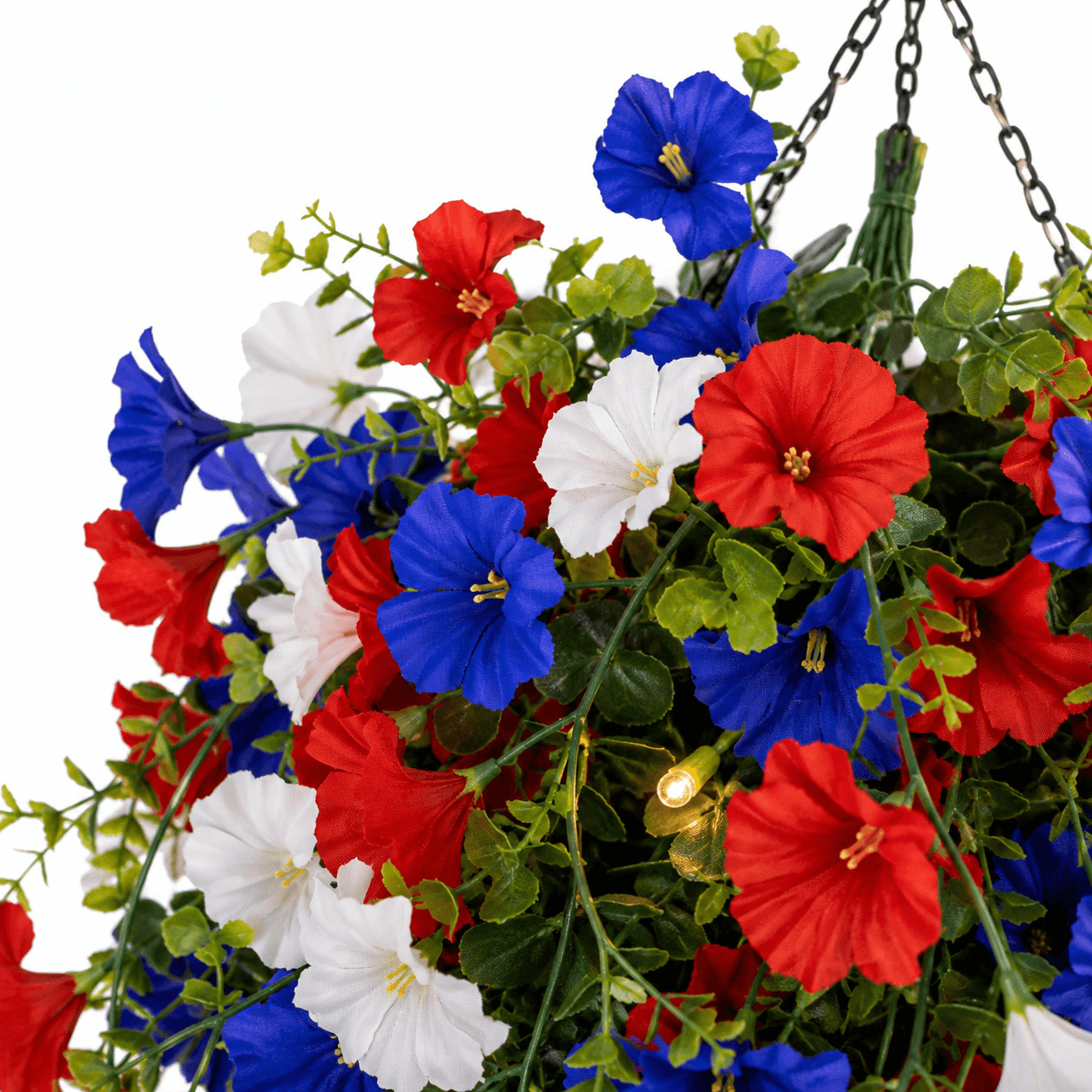 Liberty Bloom – Patriotic Hanging Flower Basket with LED Lights, Red White Blue Silk Blooms for July 4th Porch Decor