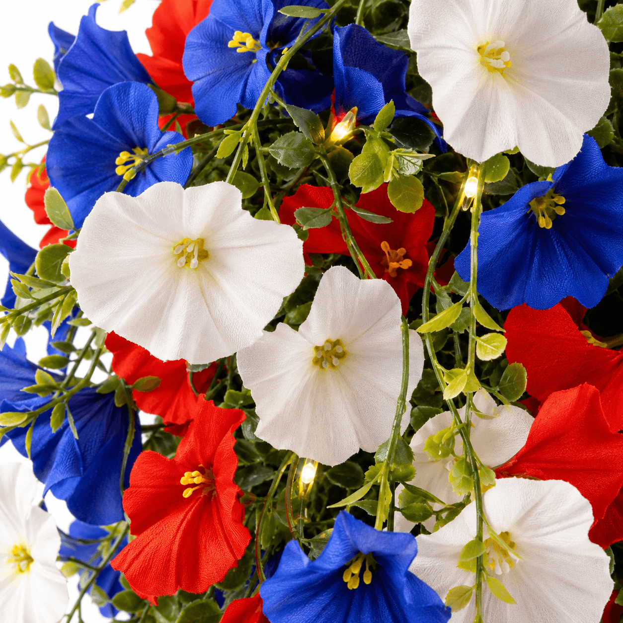 Liberty Bloom – Patriotic Hanging Flower Basket with LED Lights, Red White Blue Silk Blooms for July 4th Porch Decor