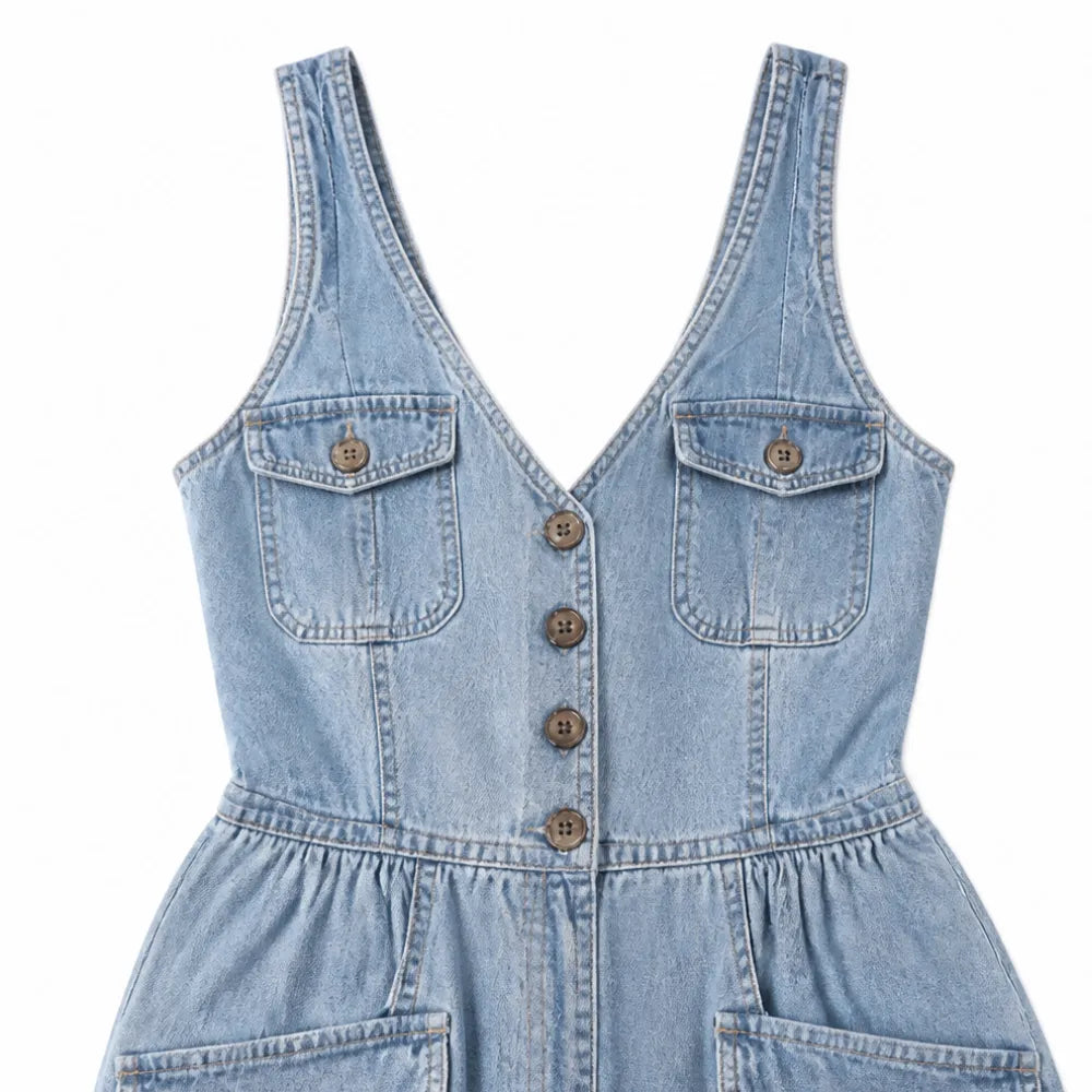 Ellora – Wide leg denim jumpsuit with button front and pockets