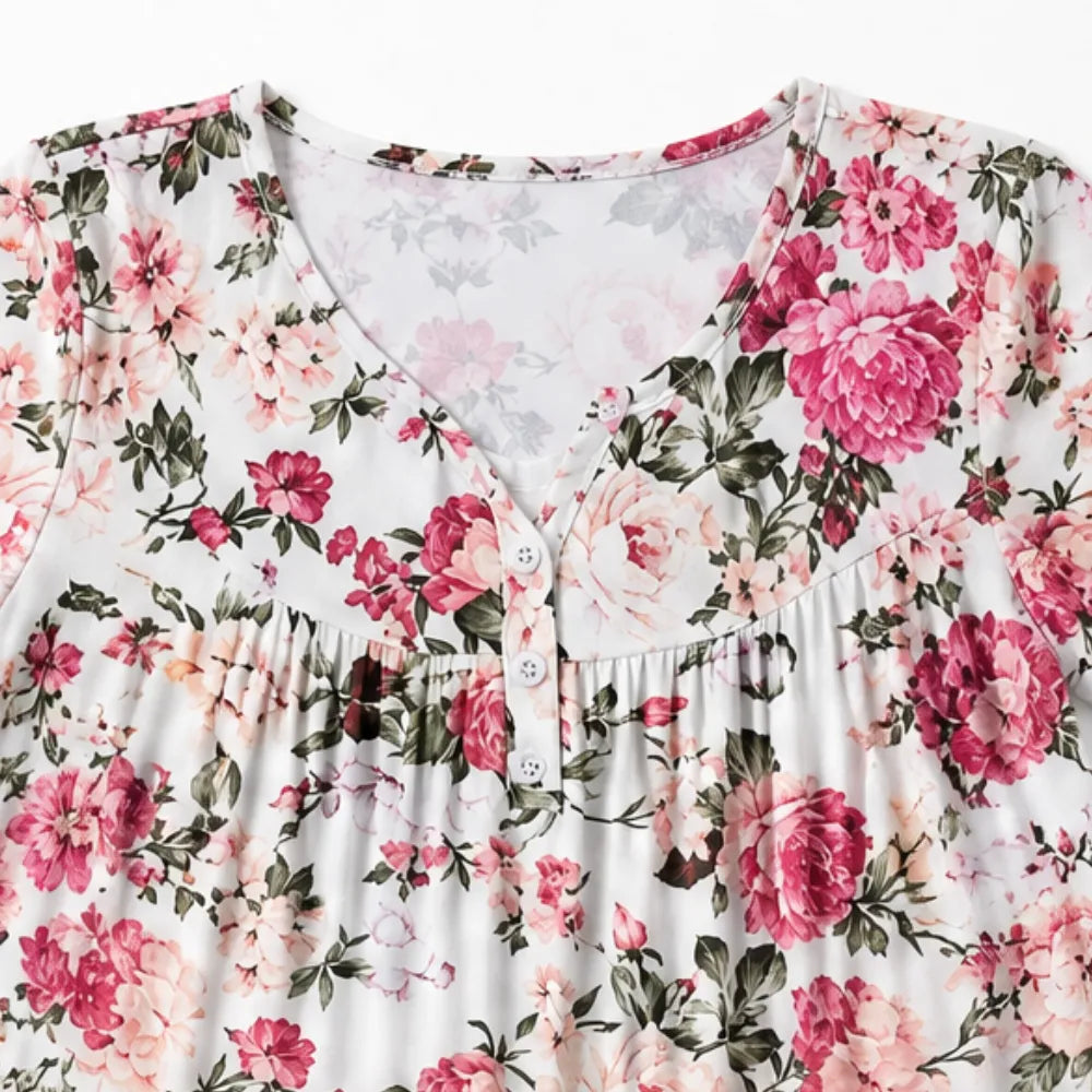Florenza – Women's Floral Pleated Henley Tunic Top, Flowy Short Sleeve V-Neck Button Up Shirt for Jeans