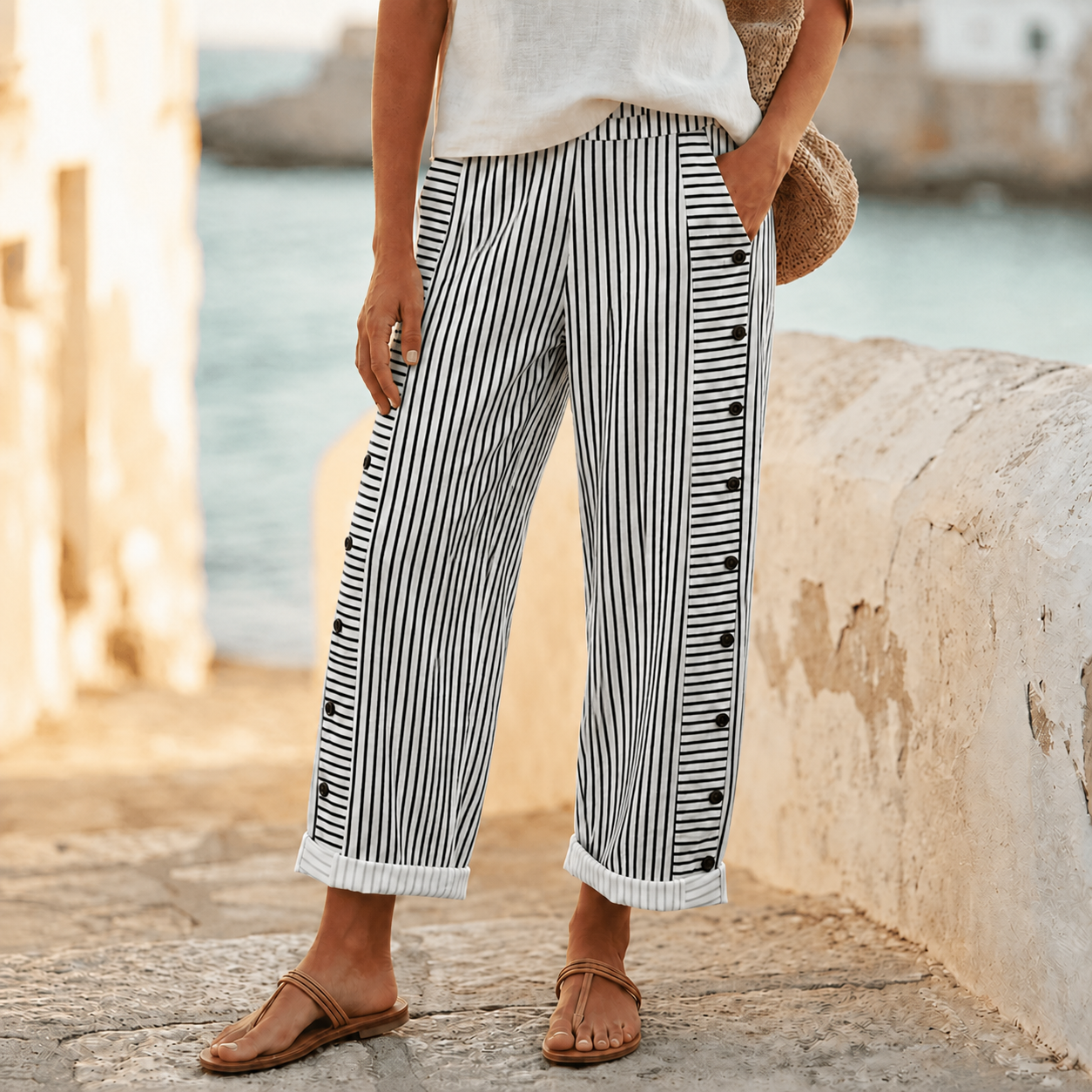 Coastlyn – Women's Striped Pants with Button Trim