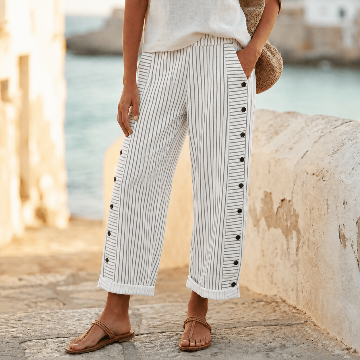 Coastlyn – Women's Striped Pants with Button Trim