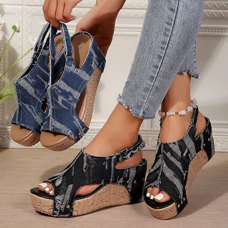 DenimLift - Women Cork Denim Wedge Sandals