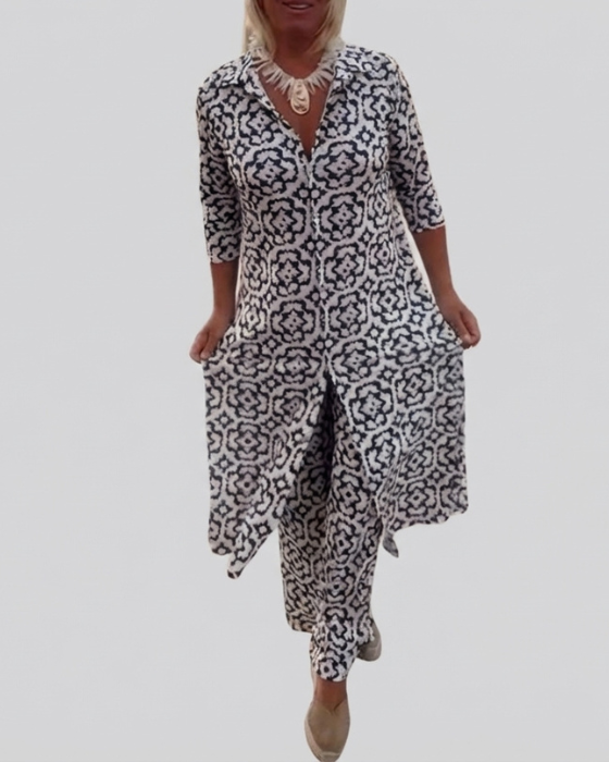 Sara | Bohemian Geometric Print Tunic Set and Wide Leg Pants