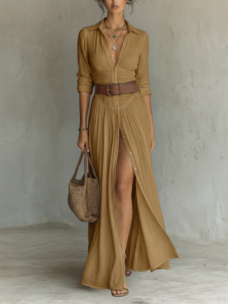Long Maxi Dress with Collar and Long Sleeves in Linen for Women