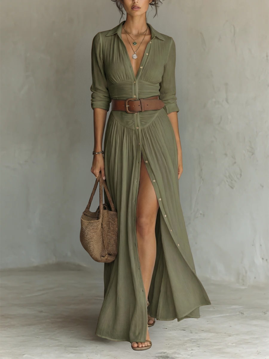 Long Maxi Dress with Collar and Long Sleeves in Linen for Women
