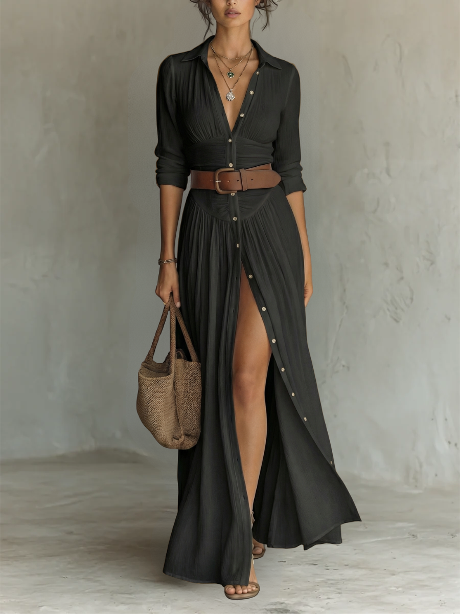 Long Maxi Dress with Collar and Long Sleeves in Linen for Women