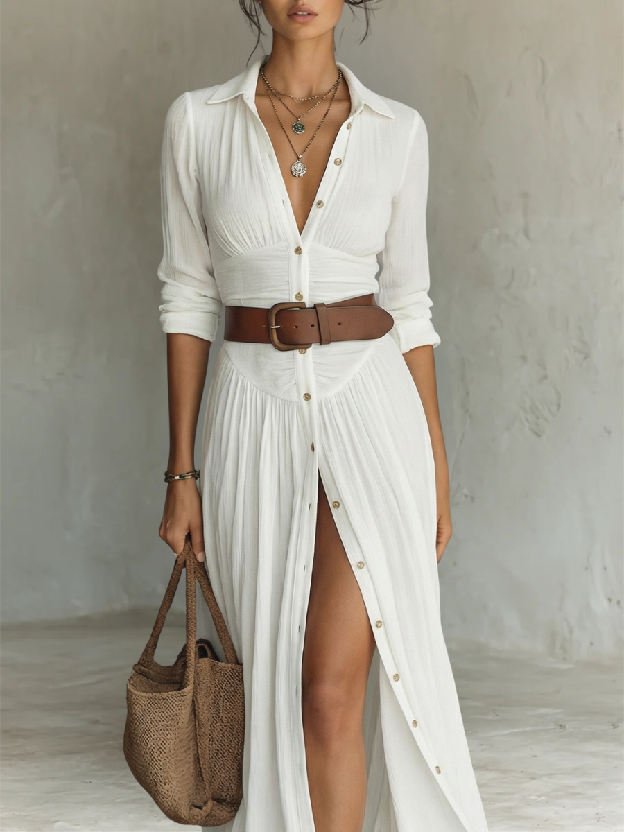 Long Maxi Dress with Collar and Long Sleeves in Linen for Women