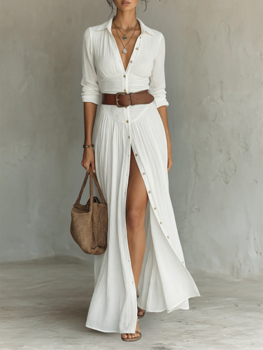 Long Maxi Dress with Collar and Long Sleeves in Linen for Women