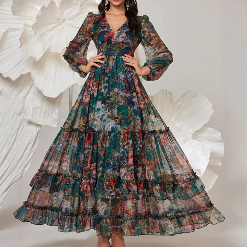 Floressa – Women's Tiered Floral Maxi Dress with Lantern Sleeves