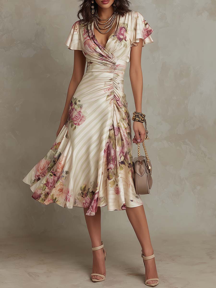 Alba | Elegant Midi Dress Draped with Flowers