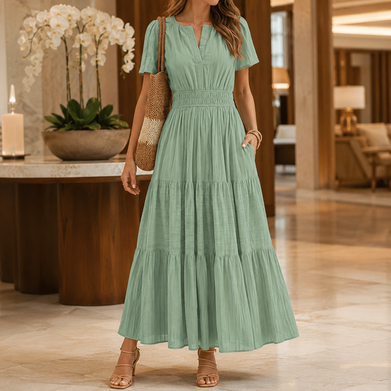 Florelle – Smocked Waist Tiered Boho Maxi Dress with Puff Sleeves