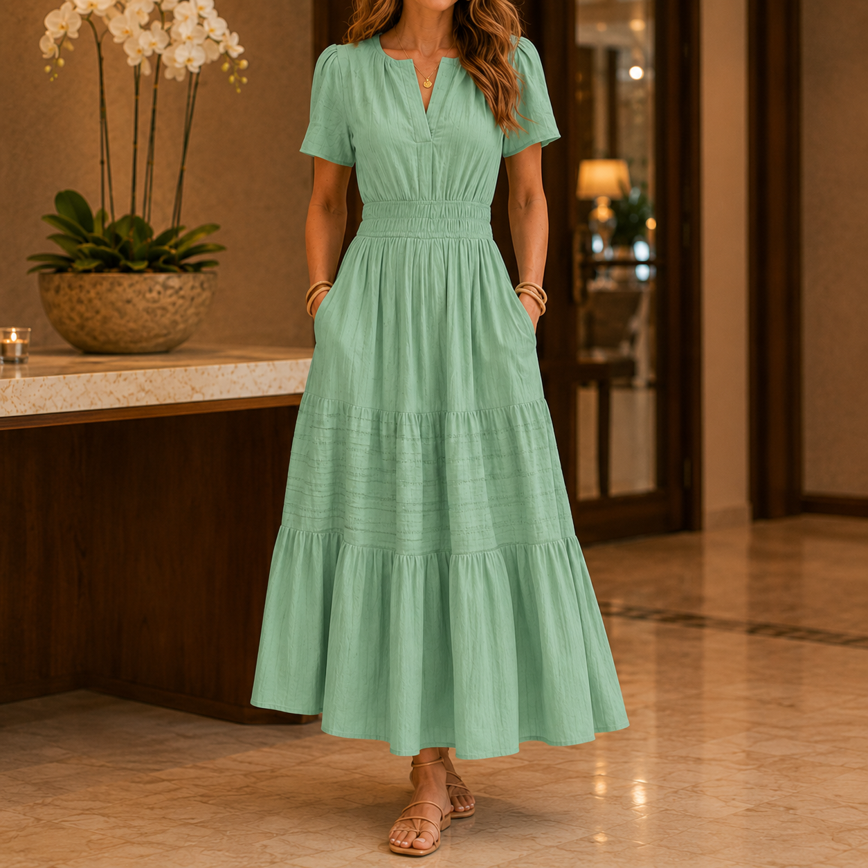 Florelle – Smocked Waist Tiered Boho Maxi Dress with Puff Sleeves