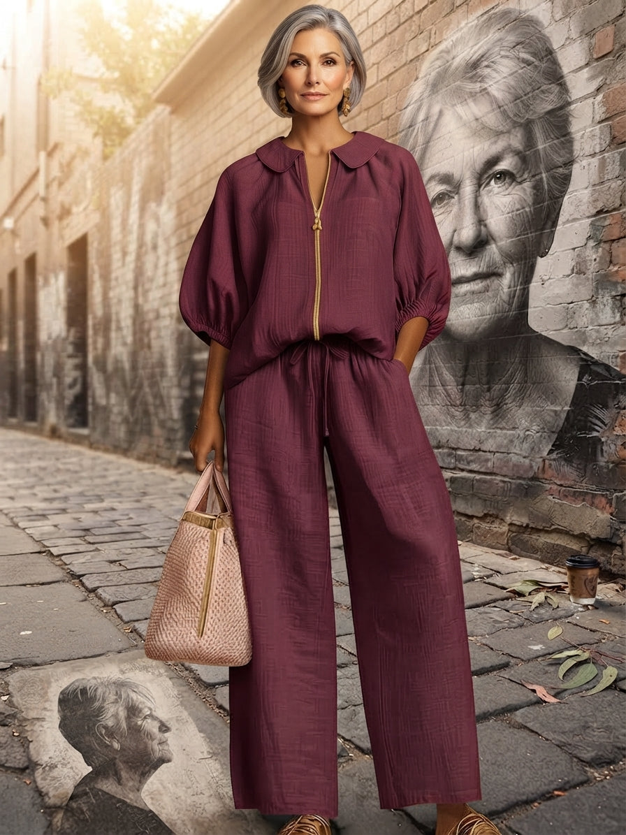 Stylish Peter Pan Collar Zip-up Shirt And Wide-leg Pant Linen Cotton Set