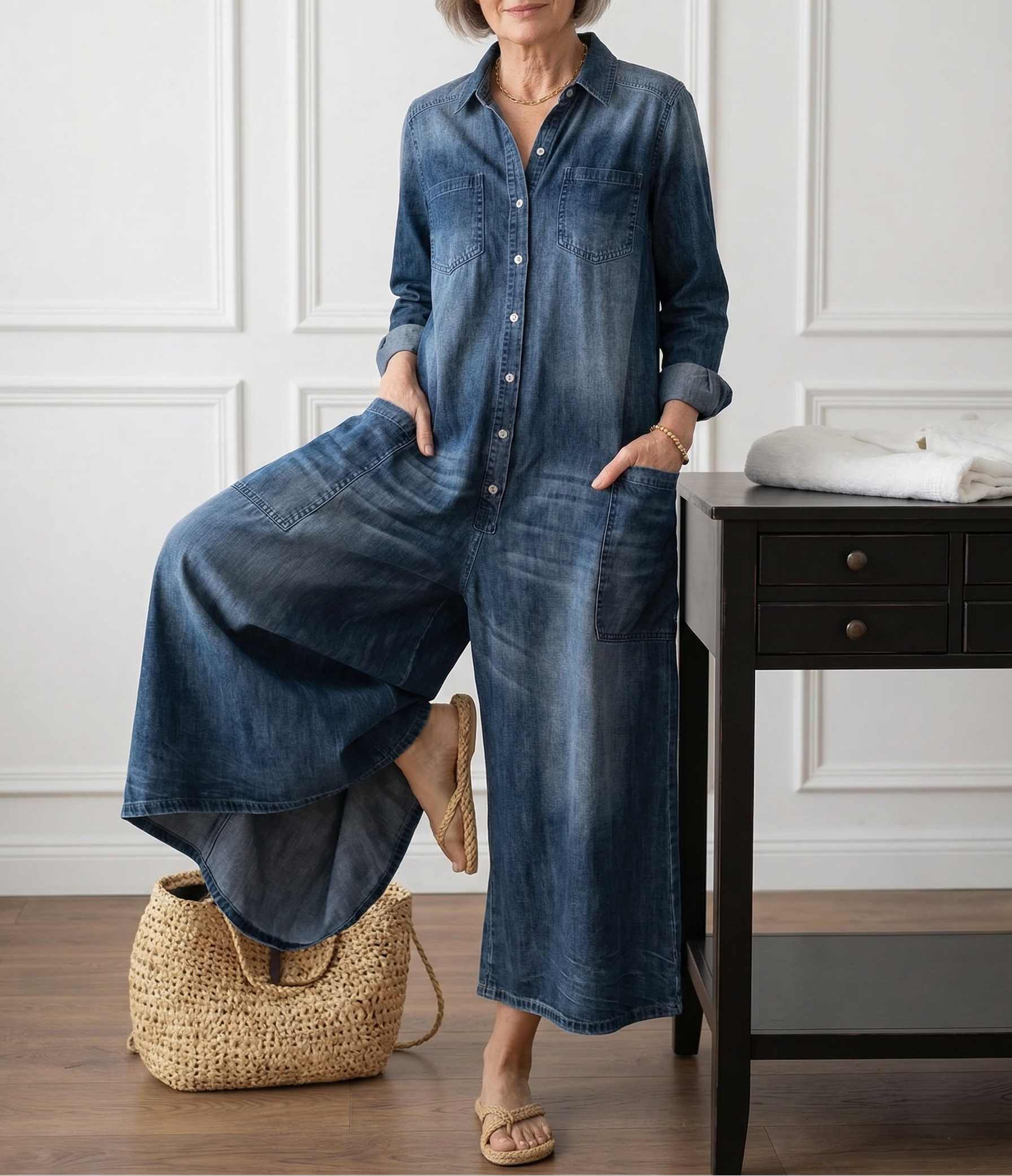 Ariana - Vintage Washed Soft Cotton Denim Jumpsuit with Button Closure