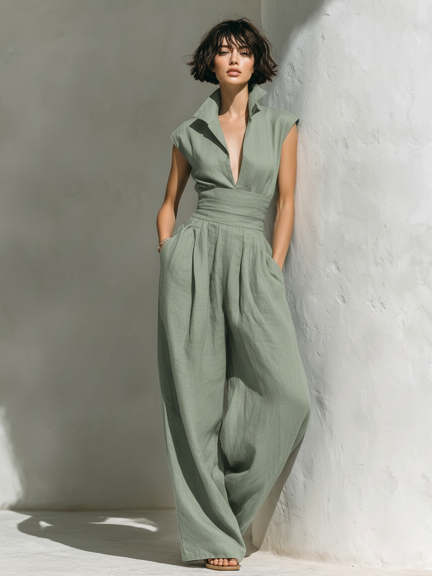 Women's Minimalist Linen Blend Jumpsuit With Cap Sleeves And Wide Legs MDZ0863A5Y