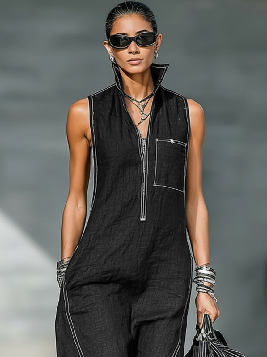 Women's Sleeveless Minimalist Jumpsuit with White Accents