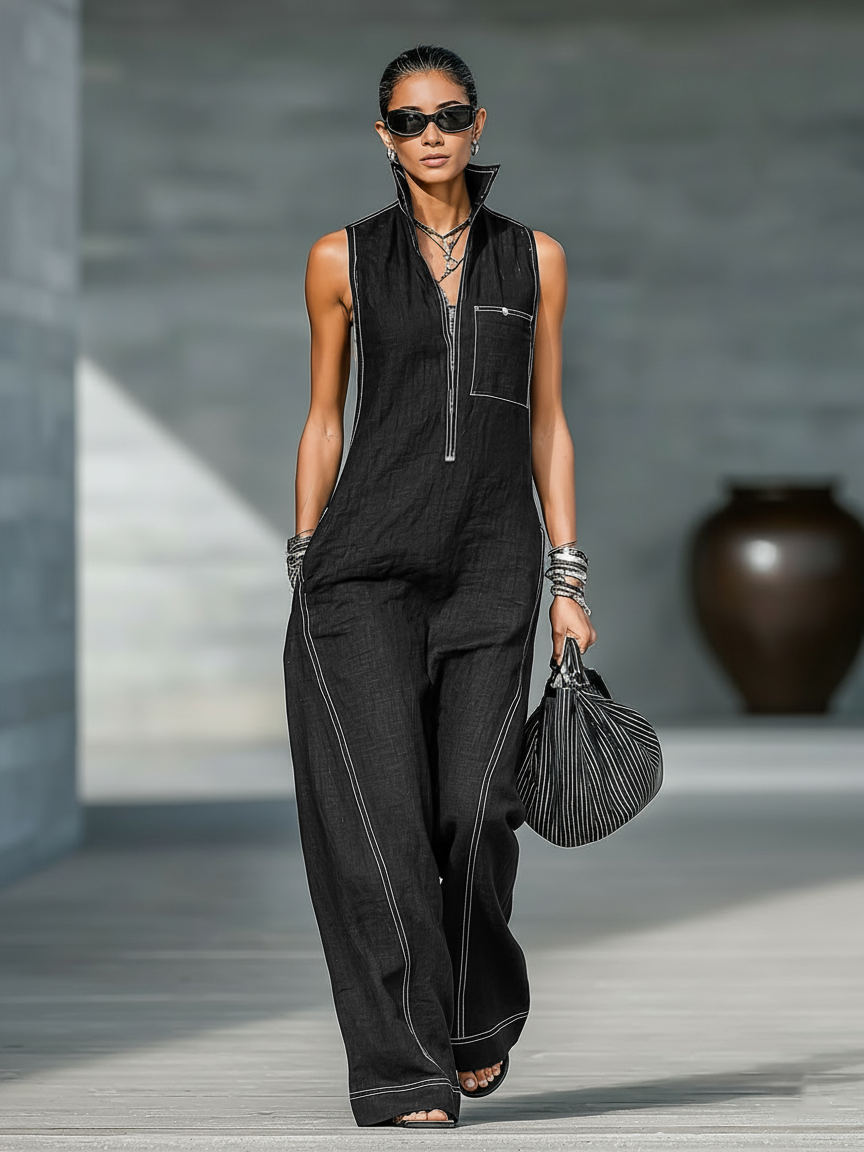 Women's Sleeveless Minimalist Jumpsuit with White Accents