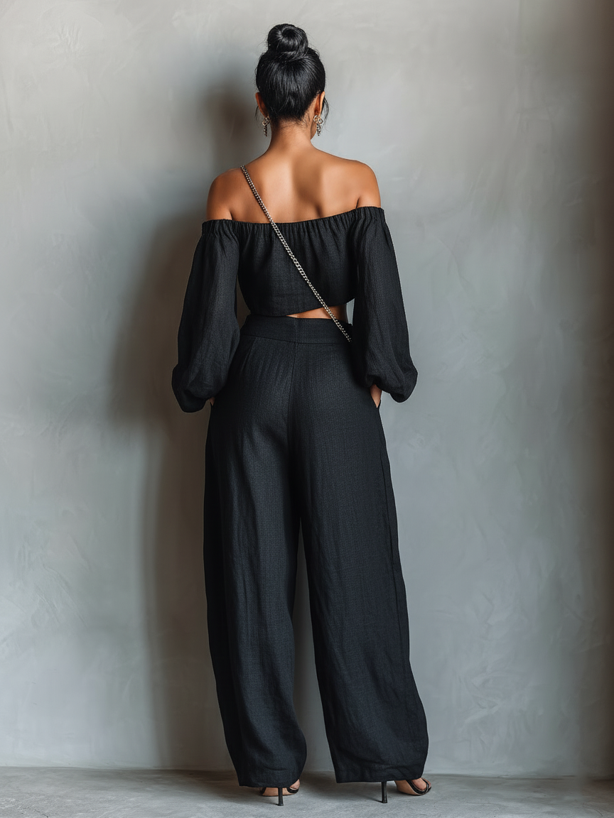 Women's Minimalist Linen Blend Strapless Long-sleeved Blouse And Wide-leg Pants Set MDA1900L7Y