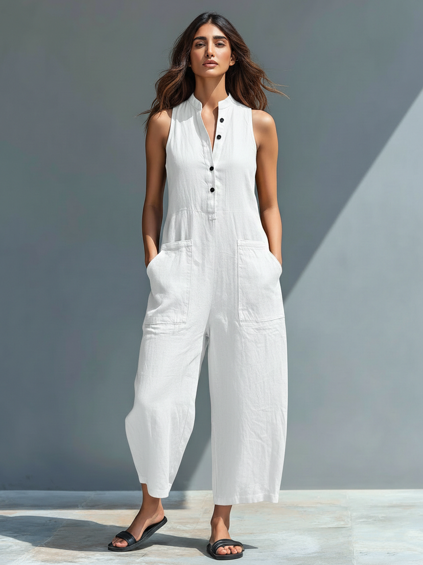 Sleeveless Minimalist Linen Blend Jumpsuit for Women with High Collar and Buttons