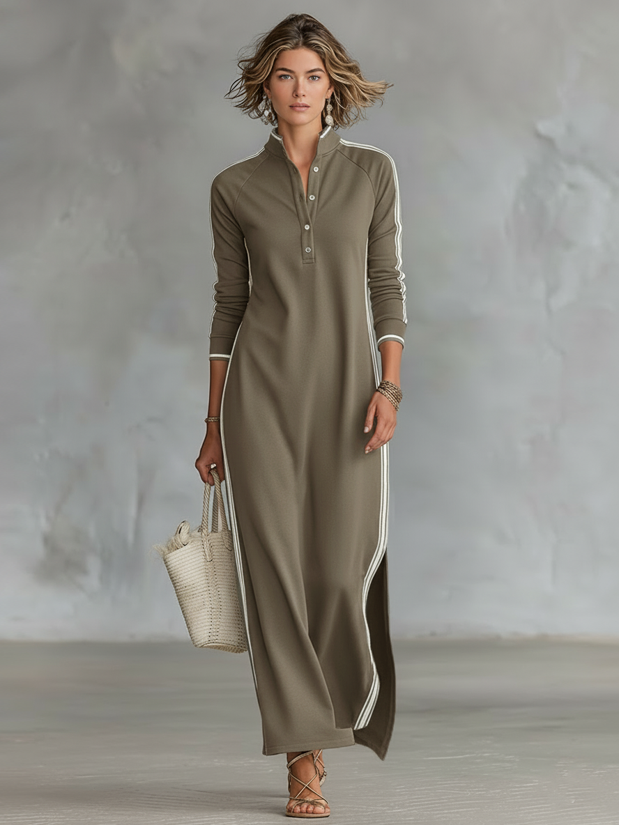 Women's Minimalist White-trimmed Button-down Collar Sweatshirt Maxi Dress MDA0958L0Y