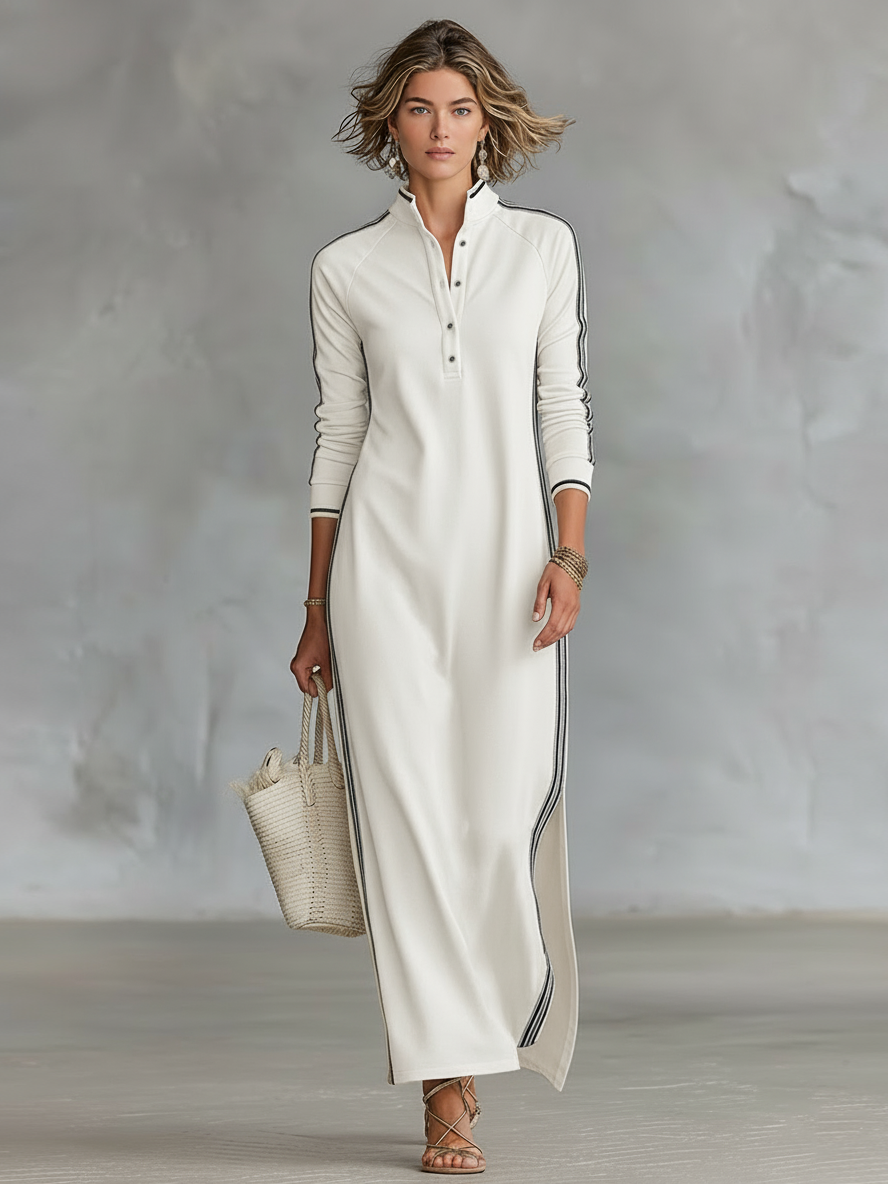 Maxi Sweat Dress for Women with Button-down Collar and White Trim