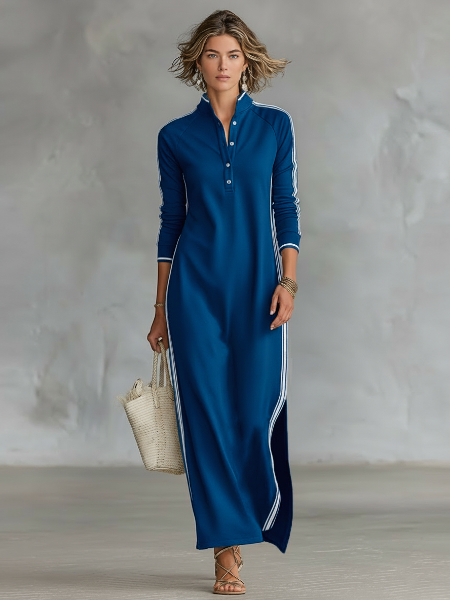 Maxi Dress Women’s Sweatshirt with Button-down Collar and White Trim