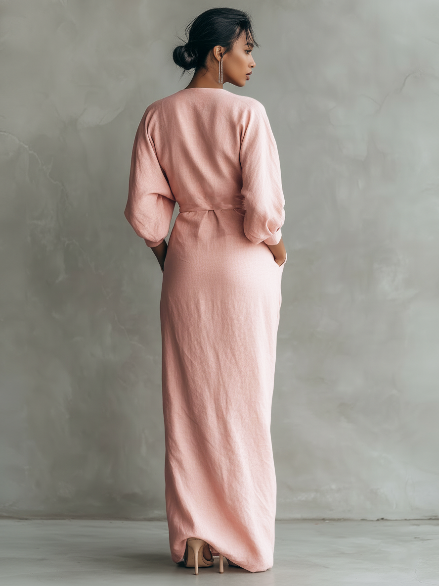 Pink Minimalist Maxi Dress with V-Neck in Linen Blend for Women