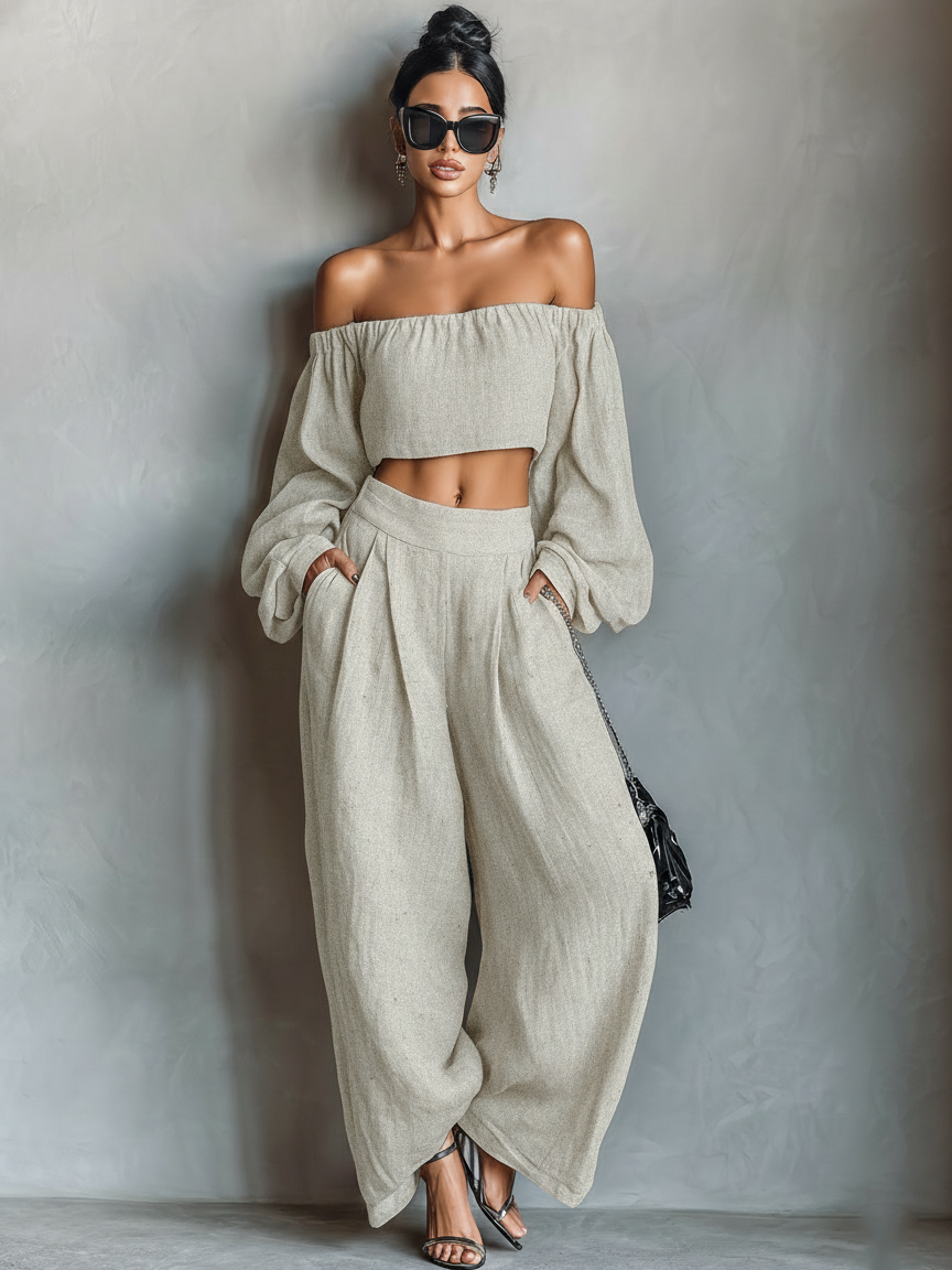 Women's Minimalist Linen Blend Strapless Long-sleeved Blouse And Wide-leg Pants Set MDA1900L7Y