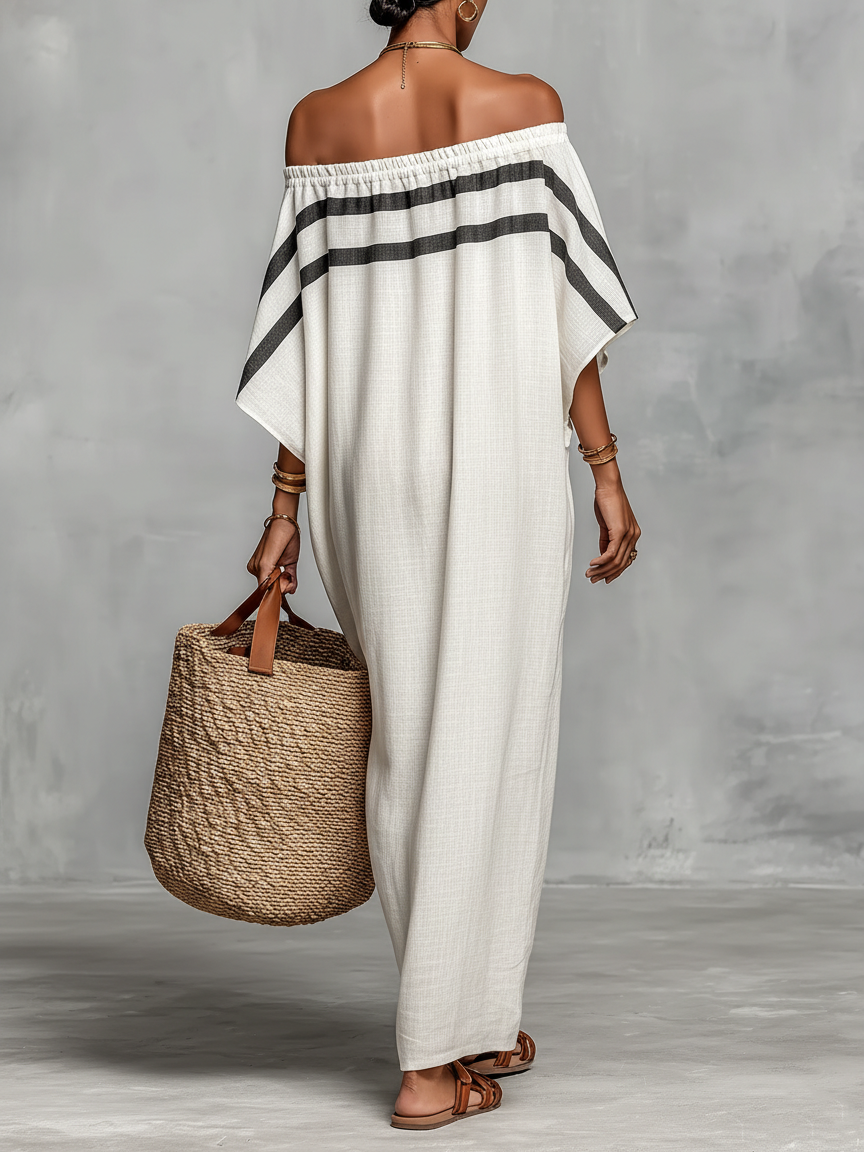 Maxi Minimalist Linen Dress for Women with Off-the-Shoulder Neckline and Batwing Sleeves