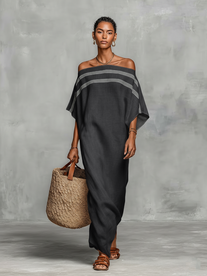 Maxi Minimalist Linen Dress for Women with Off-the-Shoulder Neckline and Batwing Sleeves