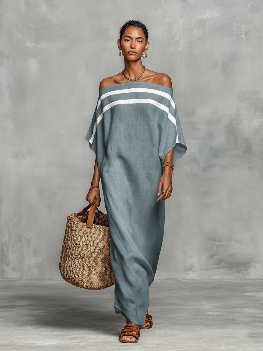 Maxi Minimalist Linen Dress for Women with Off-the-Shoulder Neckline and Batwing Sleeves