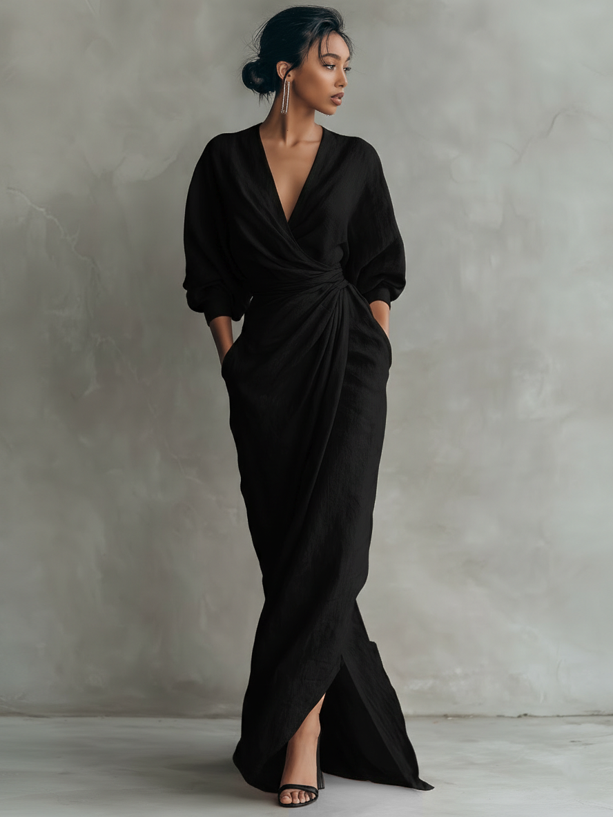 Pink Minimalist Maxi Dress with V-Neck in Linen Blend for Women