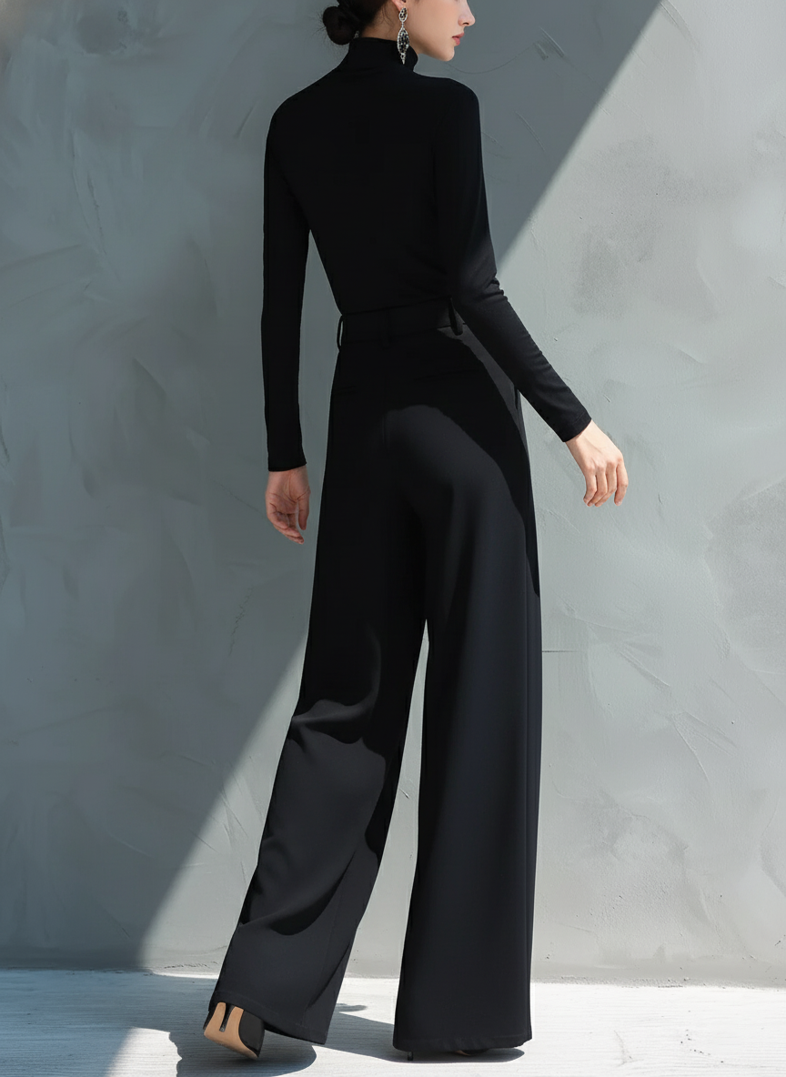 Women's Black Classic Knit Turtleneck Wide - Leg Jumpsuit MDA2133J5I
