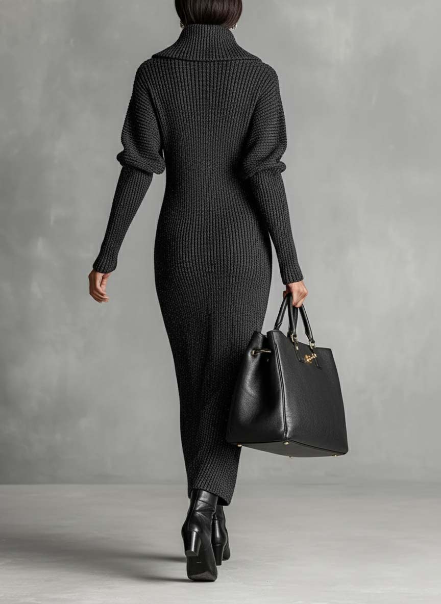 Women's Minimalist Solid Color Zipper Neck Knitted Maxi Dress MDA1633J4Y