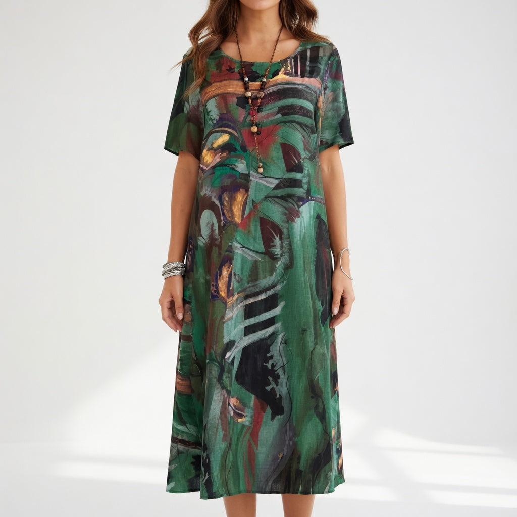 Flowy long dress with artistic print — Summer bohemian elegance