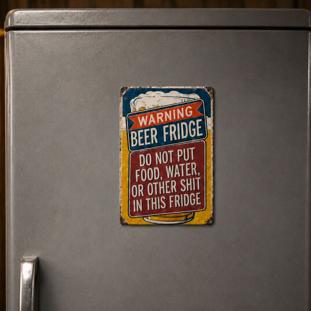 Fridgeboss – Warning Beer Fridge funny metal tin sign for man cave garage