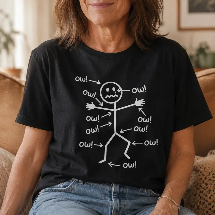 Achewear – Funny "Ow!" Stick Figure Graphic Tee, Relaxed Fit Cotton-like T-Shirt for Women & Men
